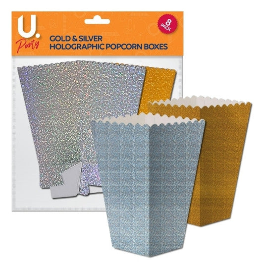 Disposable Holographic Paper Popcorn Snack Box Gold and Silver Pack of 8 P1404