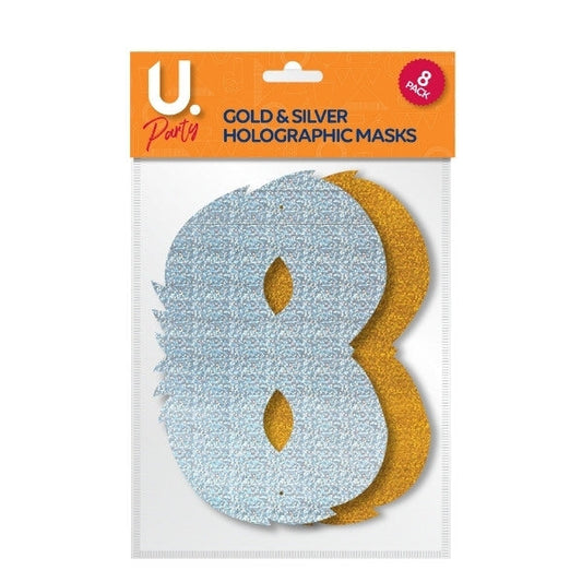 Holographic Paper Party Masks Gold and Silver Pack of 8 P1406
