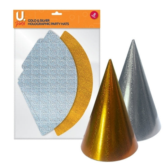 Paper Birthday Party Hats Gold and Silver Pack of 8 P1407