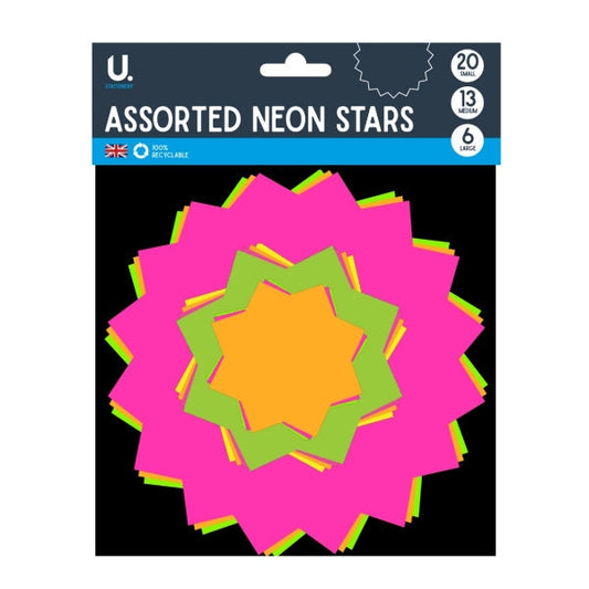 Assorted Paper Neon Coloured Stars Pack Of 39 Assorted Sizes And Colours