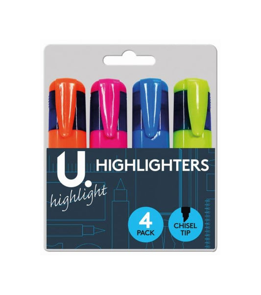 Assorted Colour 4 Pack Highlighters Chisel Tip School Office Highlighters P2317