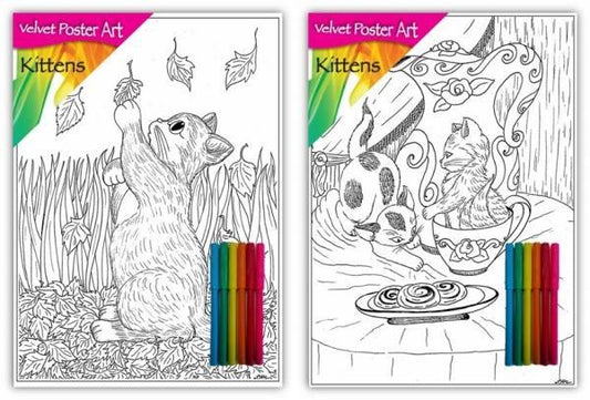 Velvet Poster Art Children's' Fun Colouring with Pens Kittens 2 25 x 38 cm 2 Designs P3001