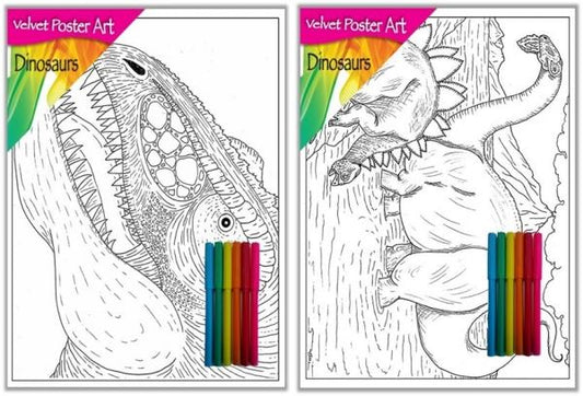 Velvet Poster Art Children's' Fun Colouring with Pens Dinosaurs 1 25 x 38 cm 2 Designs P3006