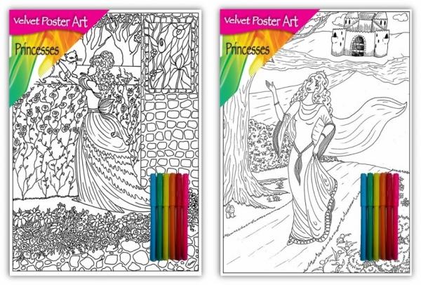 Velvet Poster Art Children'S' Fun Colouring With Pens Princesses Castles 1 2 Designs