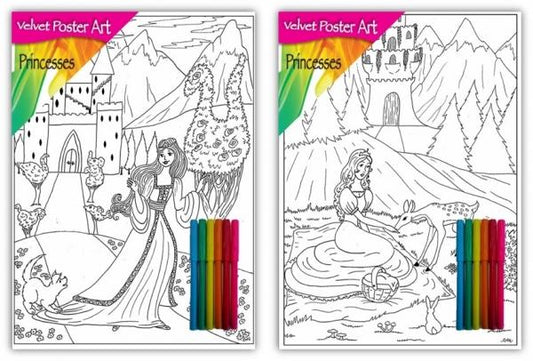Velvet Poster Art Children's' Fun Colouring with Pens Princesses/Castles 2 25 x 38 cm 2 Designs P3011