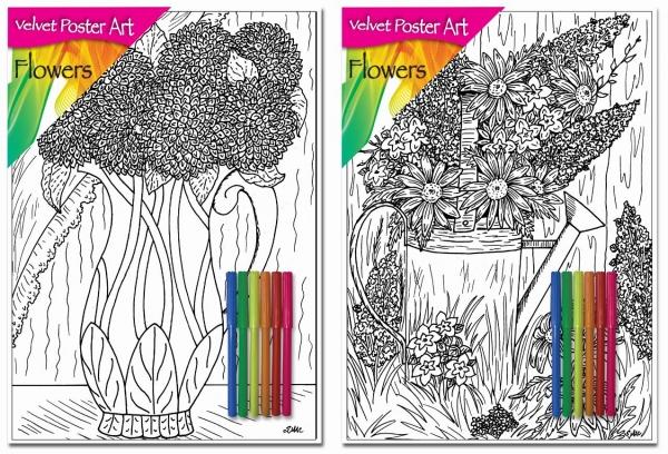 Velvet Poster Art Children's' Fun Colouring with Pens Flowers 1 25 x 38 cm 2 Designs P3022