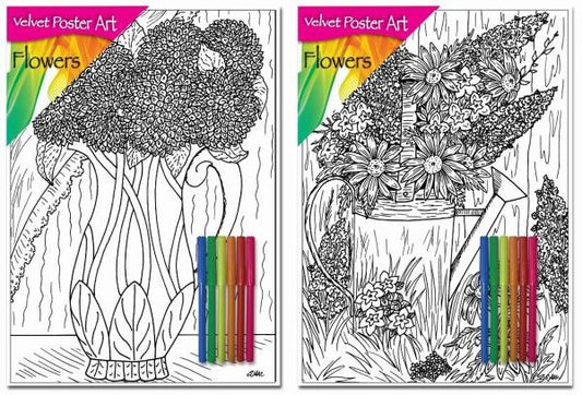 Velvet Poster Art Children's' Fun Colouring with Pens Flowers 1 25 x 38 cm 2 Designs P3022