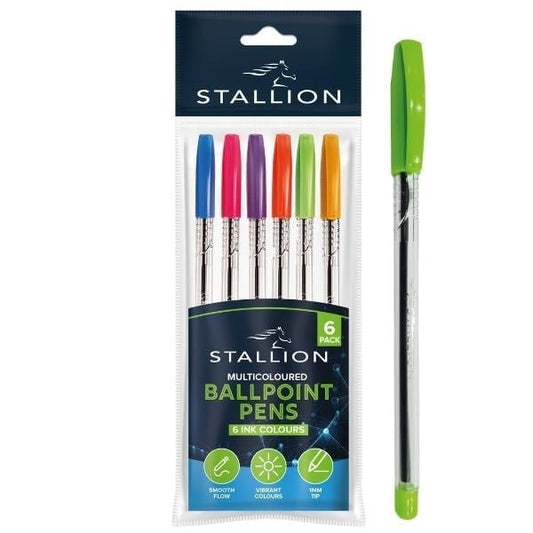 Multicoloured Ballpoint 1mm Tip Pens 6pk Home School College P3056