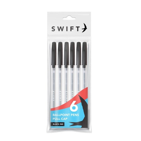 Pull Cap Ballpoint Pens 6pk Black Ink P3098