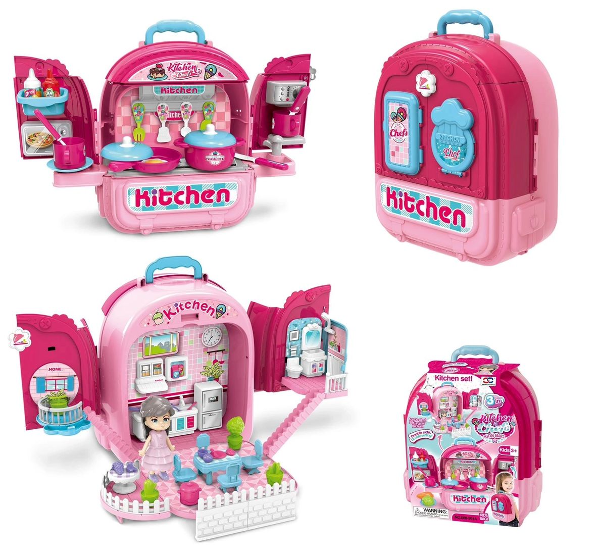 3 in 1 Kitchen Chef PlaySet & Backpack - Pink