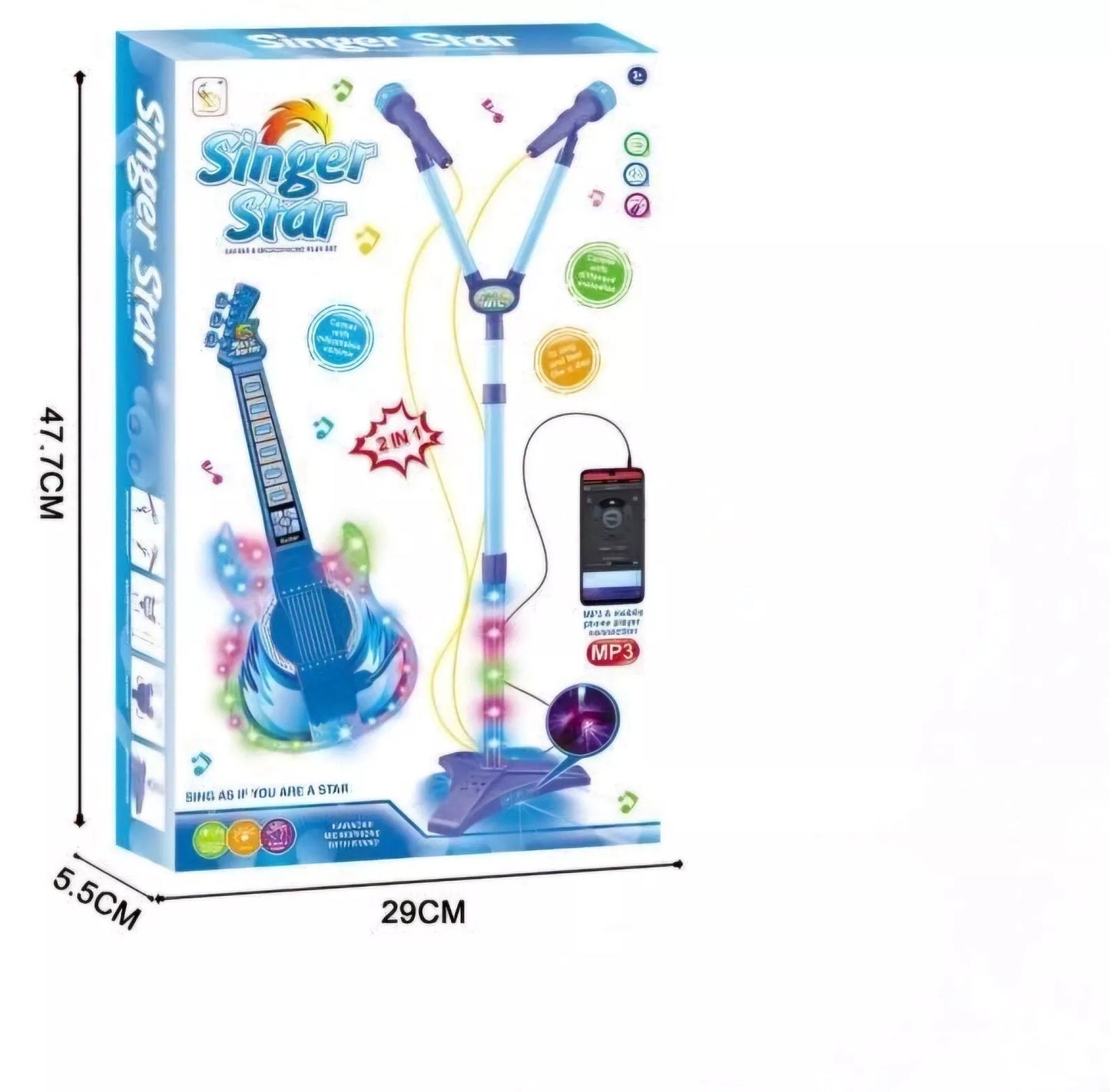 Kids Musical Dual Microphone & Guitar with Stand Music Player Singing Toy - Blue