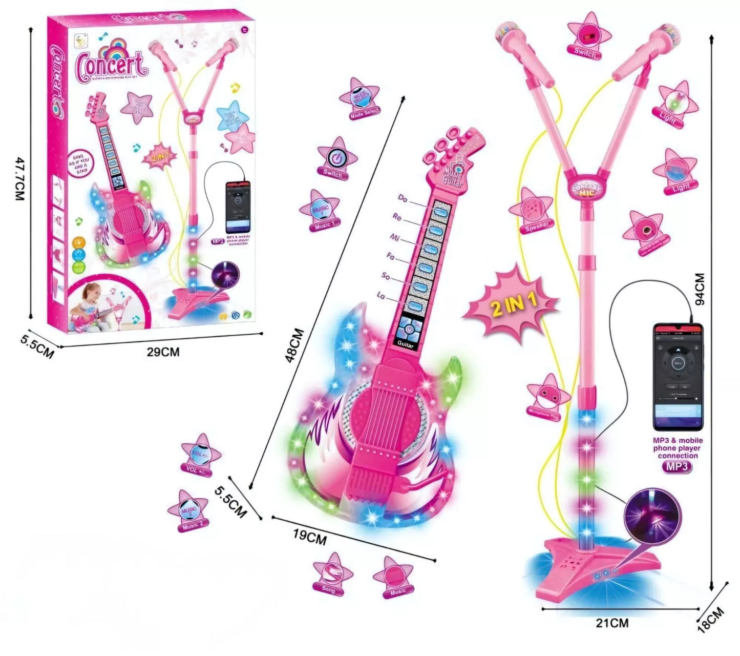 Kids Musical Dual Microphone & Guitar with Stand Music Player Singing Toy - Pink