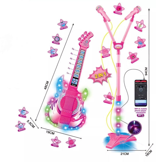 Kids Musical Dual Microphone & Guitar with Stand Music Player Singing Toy - Pink