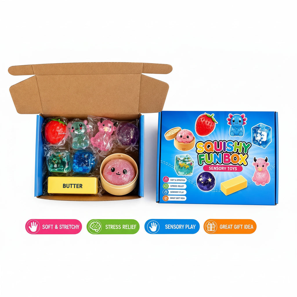 8 Piece Squishy Box - Assorted Fun Squishy Sensory Squish Fidget Toys Gift Box