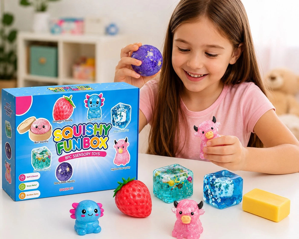 8 Piece Squishy Box - Assorted Fun Squishy Sensory Squish Fidget Toys Gift Box