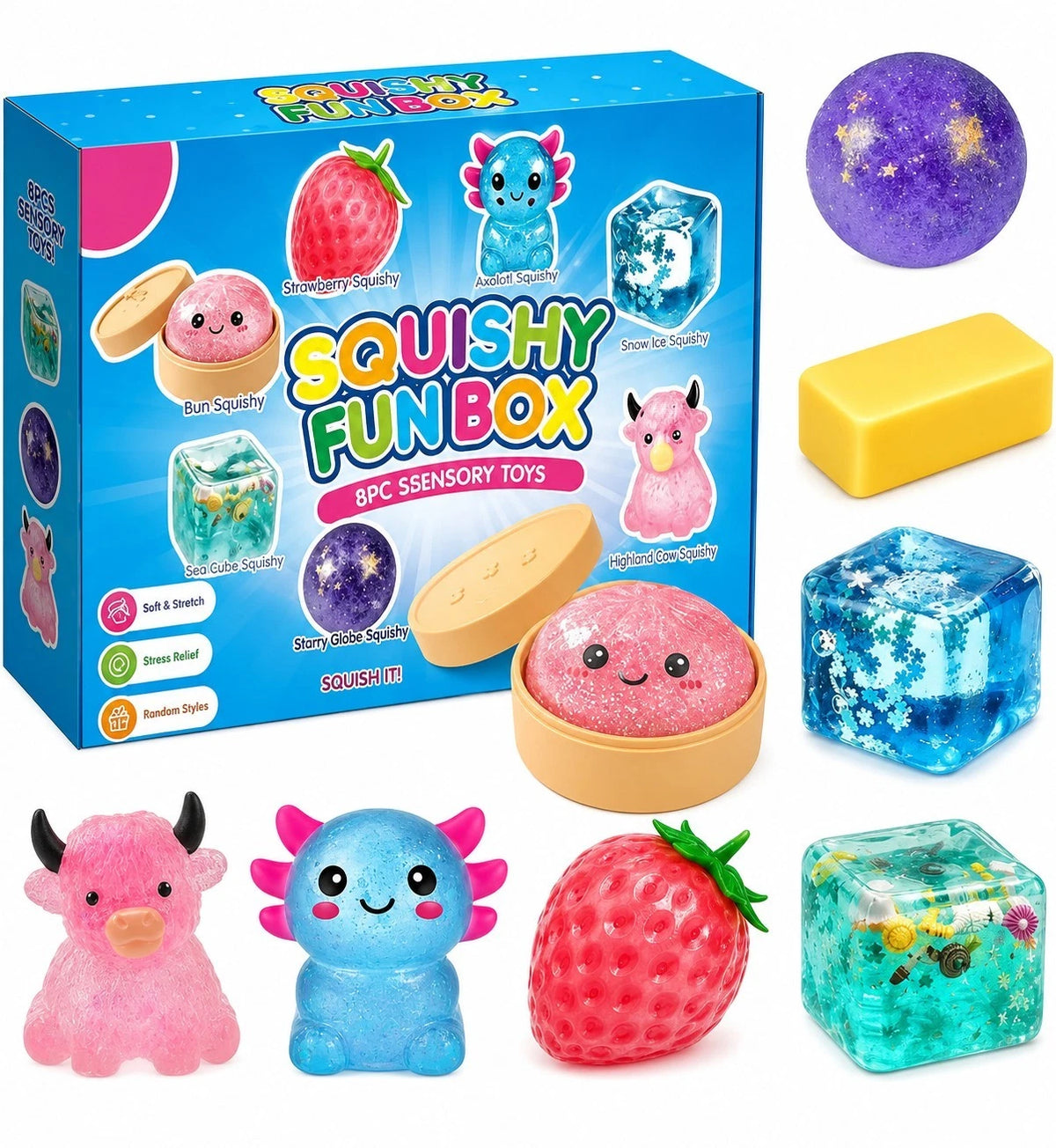 8 Piece Squishy Box - Assorted Fun Squishy Sensory Squish Fidget Toys Gift Box