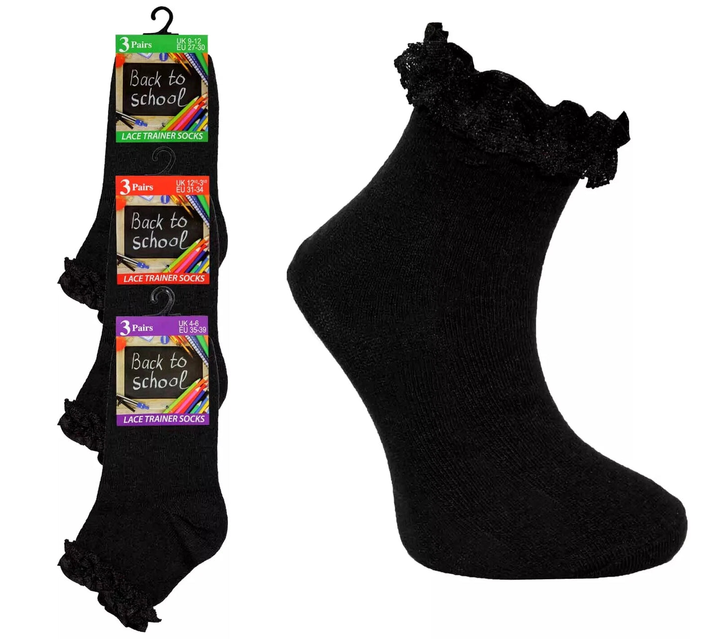 Girls Back To School 3 Pack of Frill Lace Socks - 3 Colours
