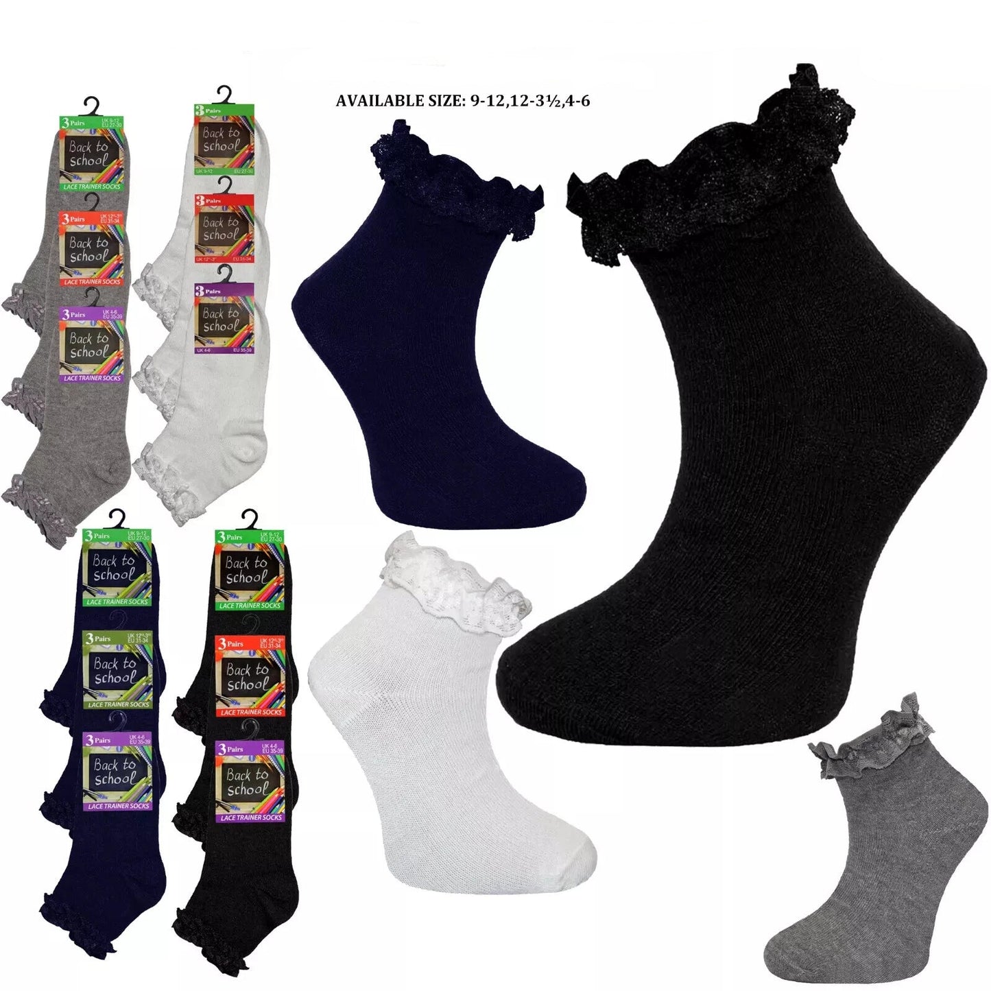 Girls Back To School 3 Pack of Frill Lace Socks - 3 Colours