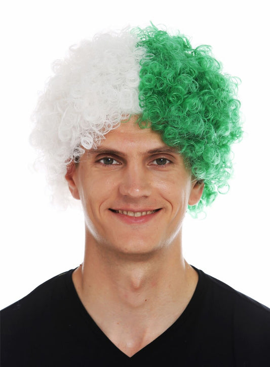 Afro Curly Fan Wig Football Carnival White Green Divided Wig