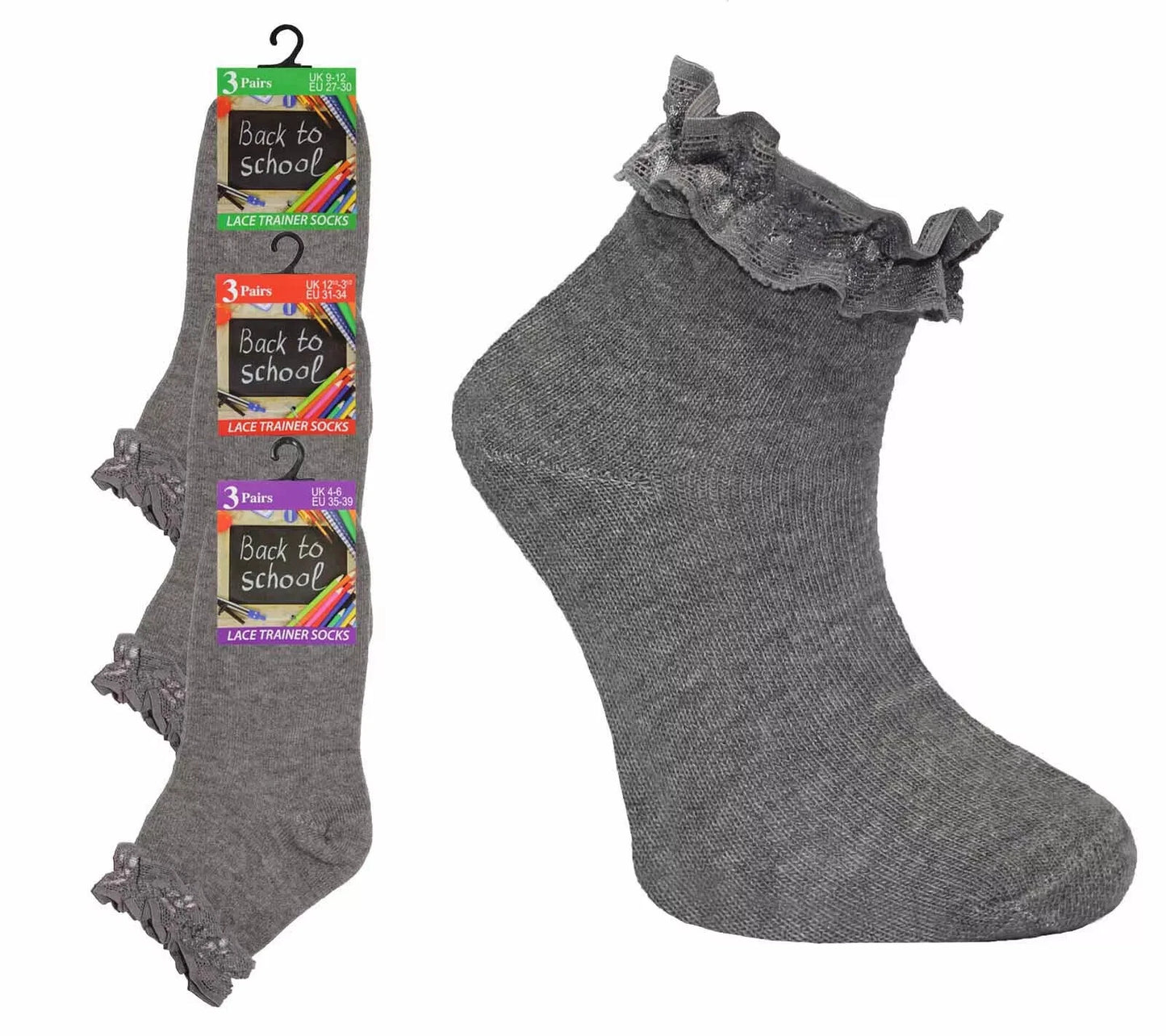 Girls Back To School 3 Pack of Frill Lace Socks - 3 Colours