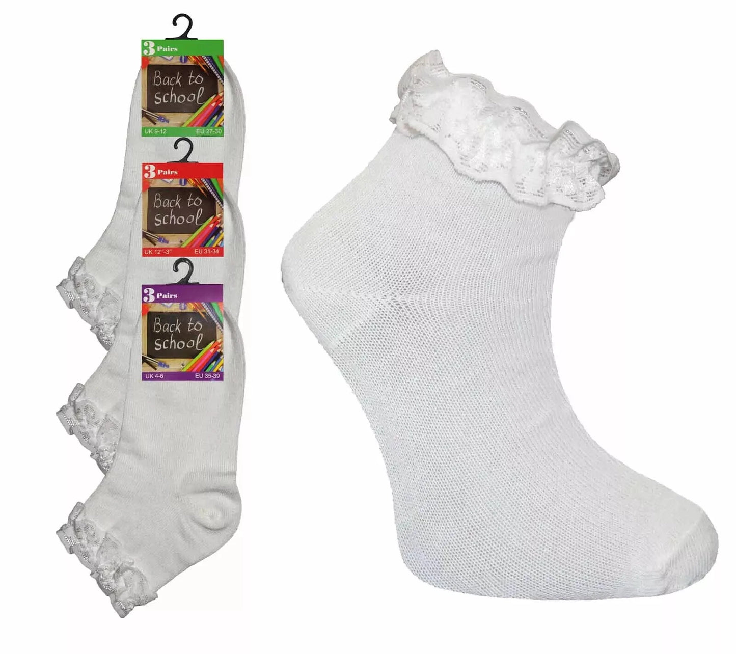 Girls Back To School 3 Pack of Frill Lace Socks - 3 Colours