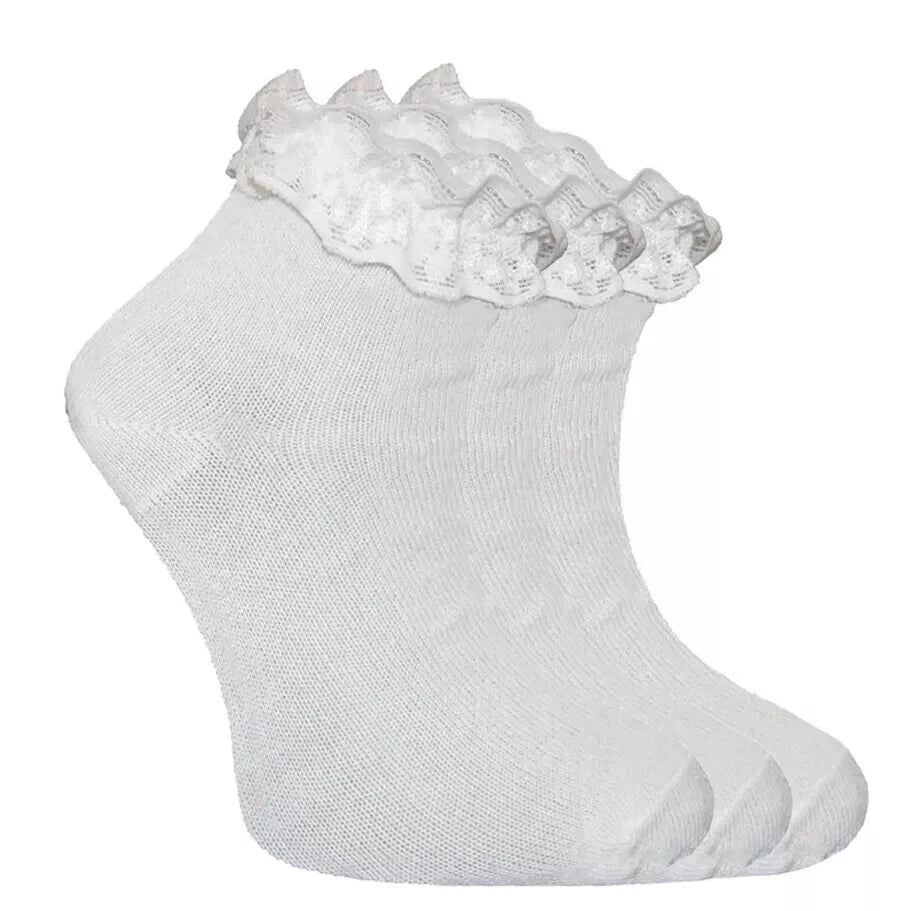 Girls Back To School 3 Pack of Frill Lace Socks - 3 Colours