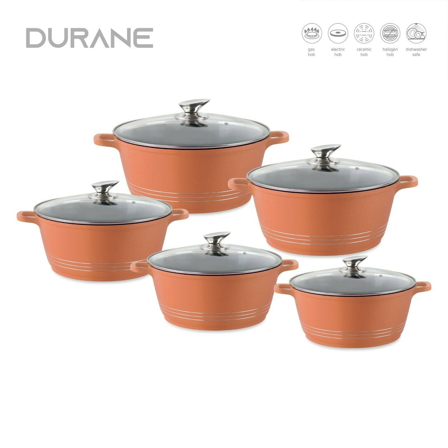 Durane Copper Die Cast Stock Pot Set Of 5 Stainless Steel Non Stick Coating With 2 Handles 20-24-28-30-32cm 9630