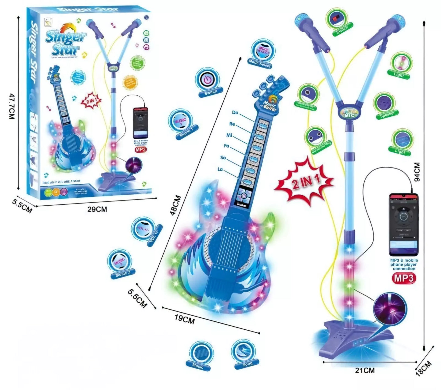 Kids Musical Dual Microphone & Guitar with Stand Music Player Singing Toy - Blue