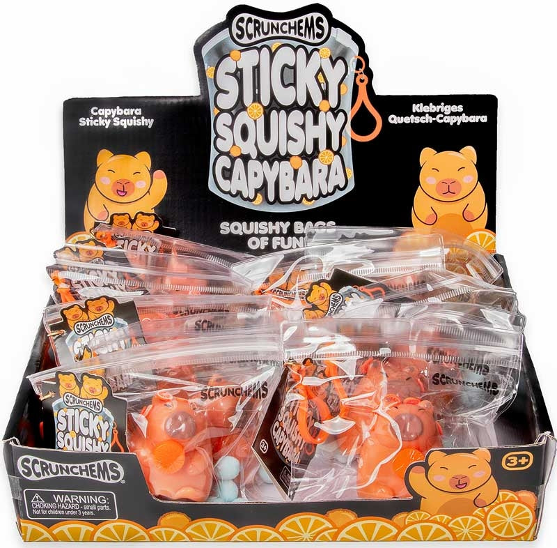 Scrunchems Sticky Squishy Cabybara Fidget Squish Sensory Toy in Bag with Keychain Clip