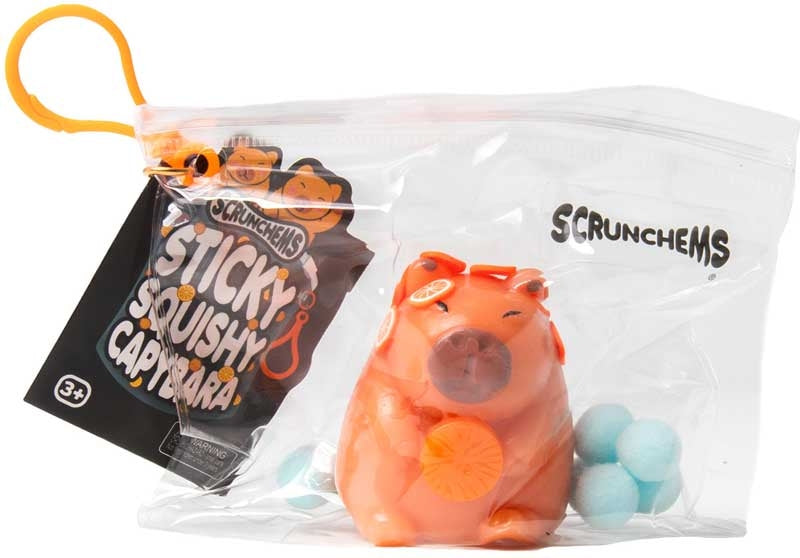 Scrunchems Sticky Squishy Cabybara Fidget Squish Sensory Toy in Bag with Keychain Clip