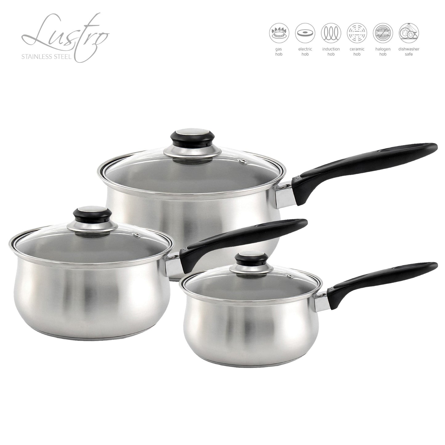 SQ Professional Lustro Stainless Steel Saucepan Set of 3 Black 10658