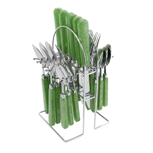Sq Durane Metal Cutlery Set Of 24 Green Glitter