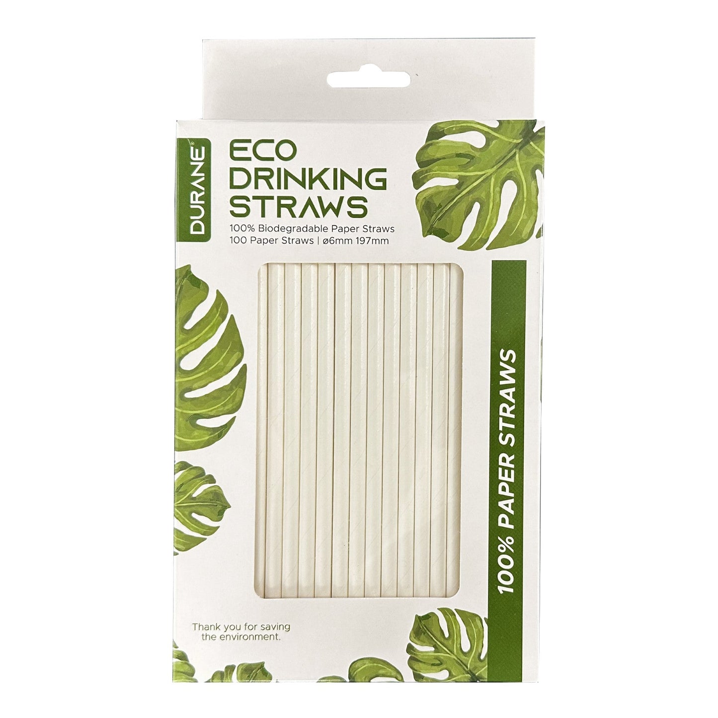 Durane Eco Paper Drinking Straws 6 x 197 mm Pack of 100 White 10811