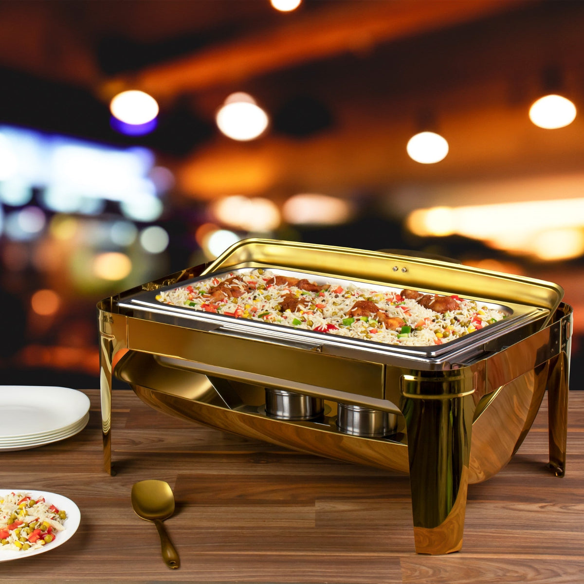 Sq Professional Banquet Chafing Dish With Roll Top Oblong Gold 9L
