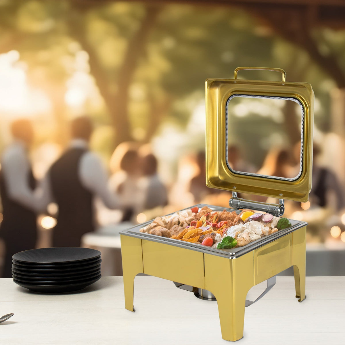Sq Professional Banquet Chafing Dish With Flat Top And Window Square Gold 6L (Big Parcel)