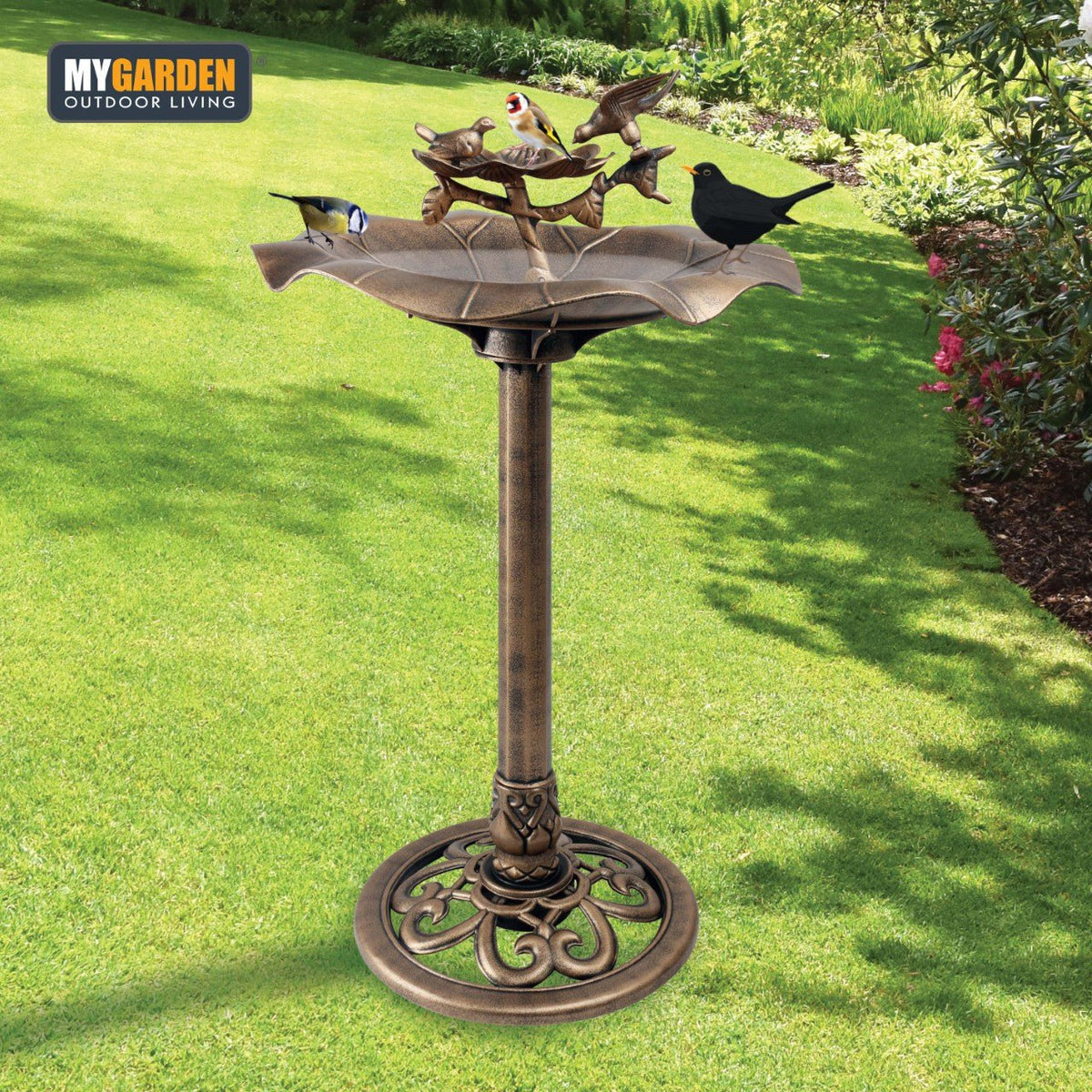 Bird Bath Bronze Effect With Bird Figurines And Feed Tray Garden Ornament