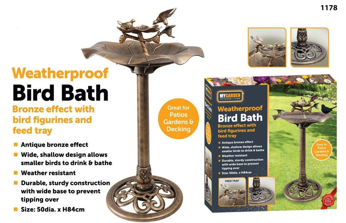 Bird Bath Bronze Effect With Bird Figurines And Feed Tray Garden Ornament