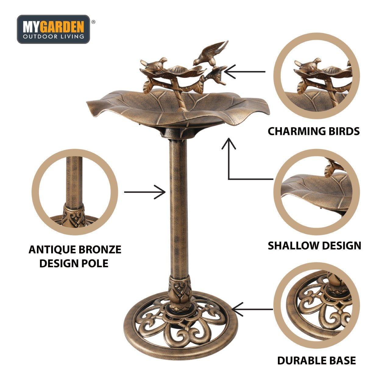 Traditional Weatherproof Bronze Effect Garden Bird Bath 1036