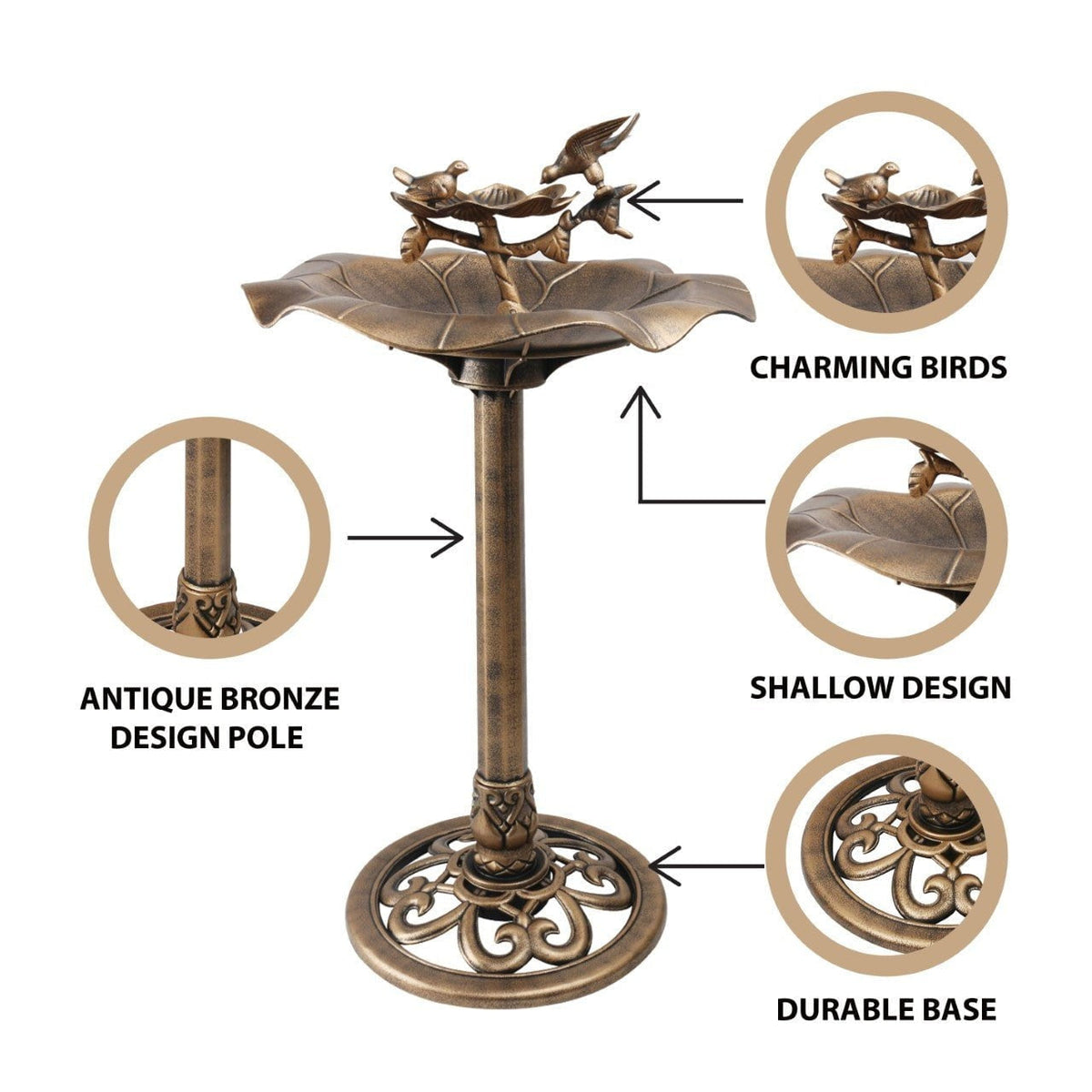 Bird Bath Bronze Effect With Bird Figurines And Feed Tray Garden Ornament