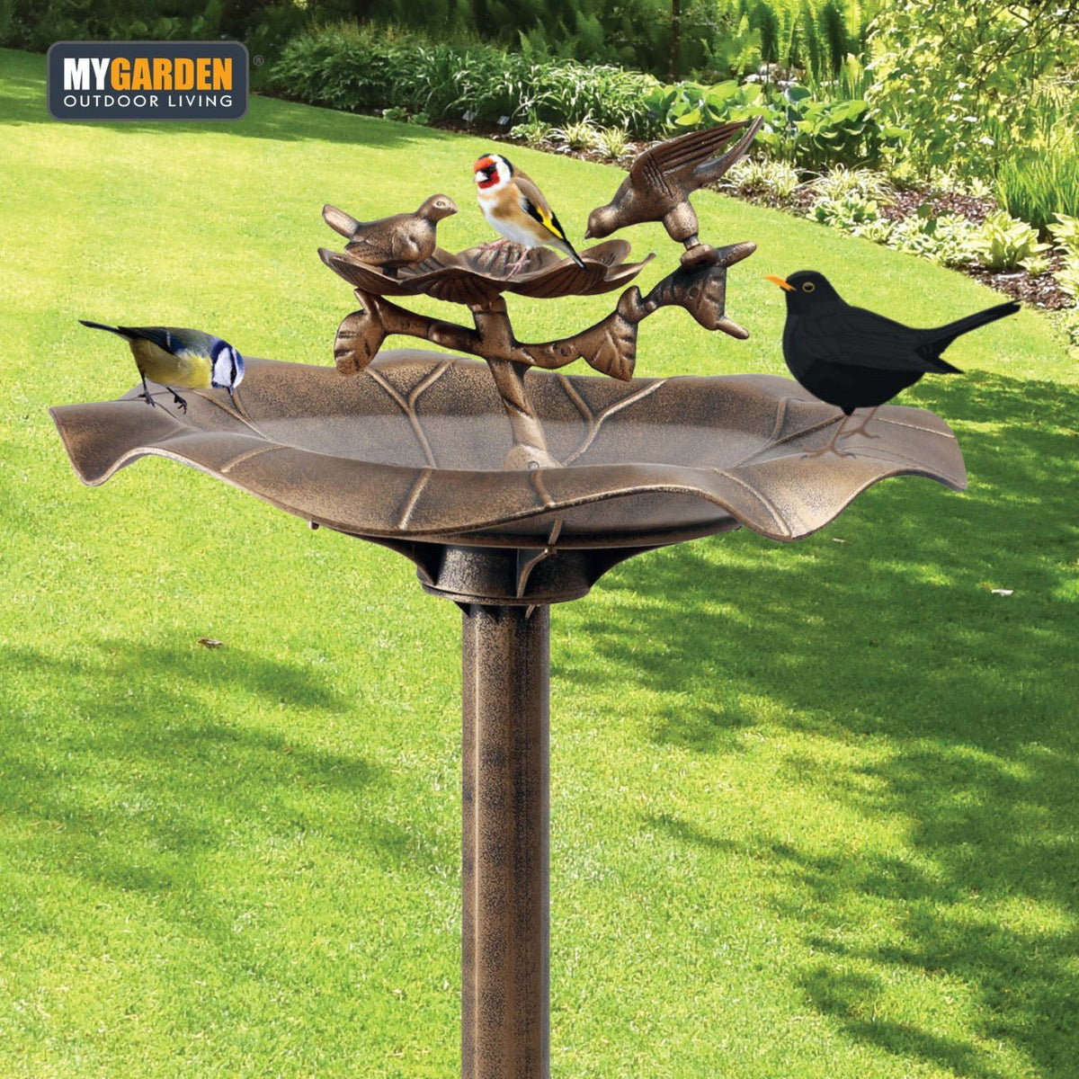 Bird Bath Bronze Effect With Bird Figurines And Feed Tray Garden Ornament