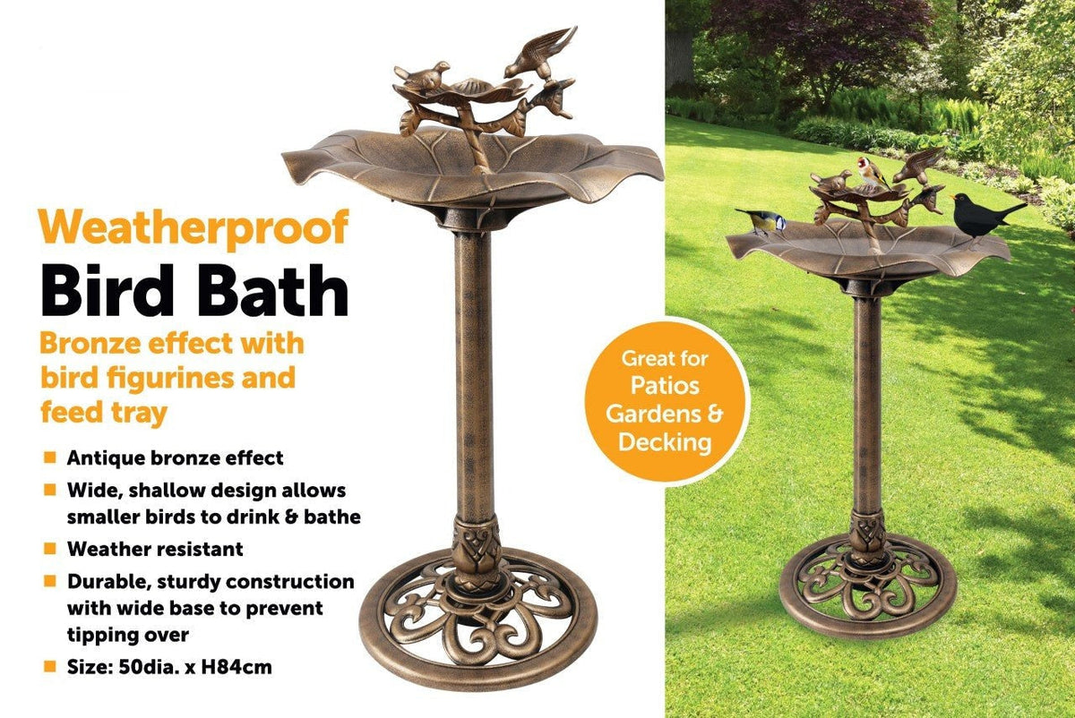 Bird Bath Bronze Effect With Bird Figurines And Feed Tray Garden Ornament
