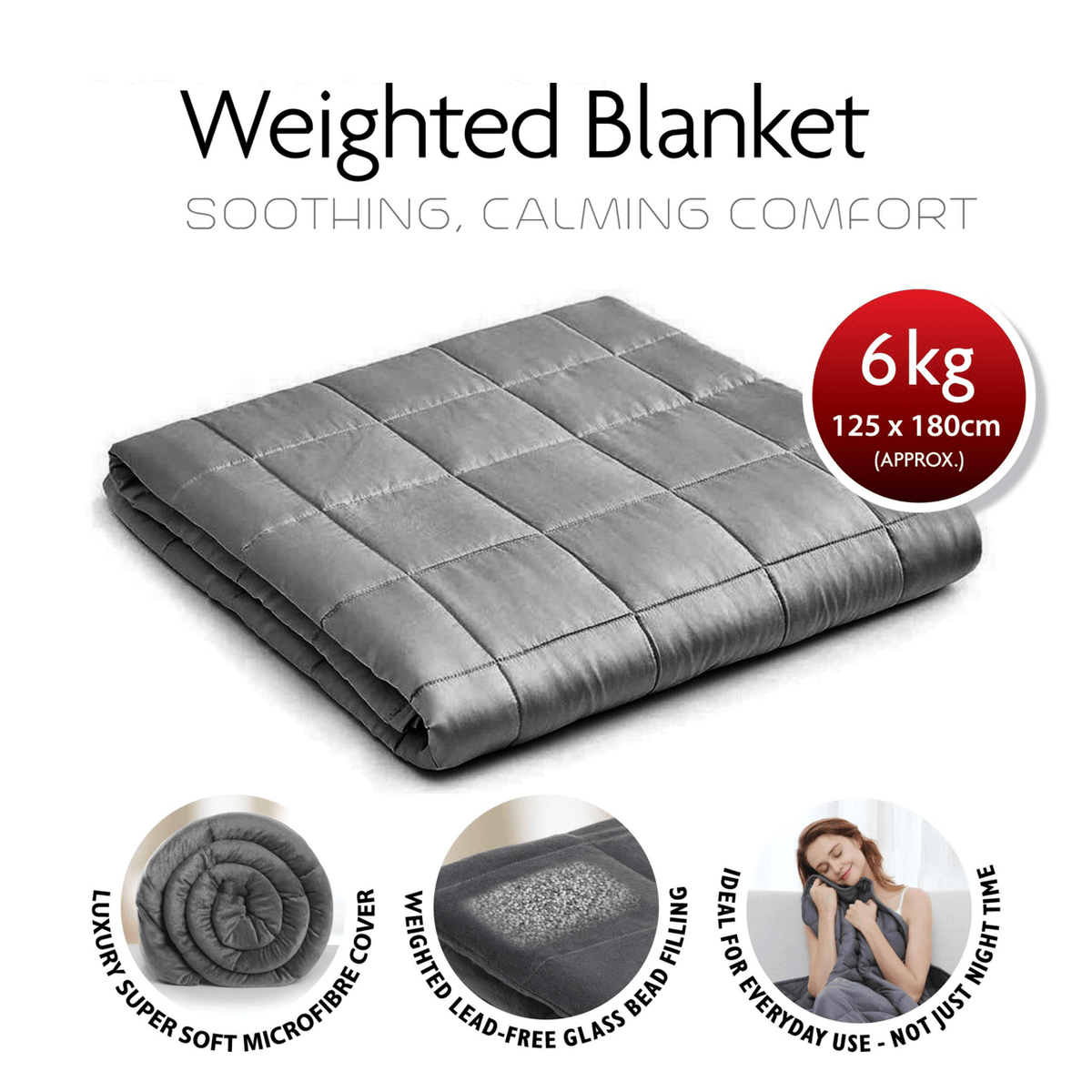 Weighted Blanket 125 cm x 180 cm 6Kg Grey