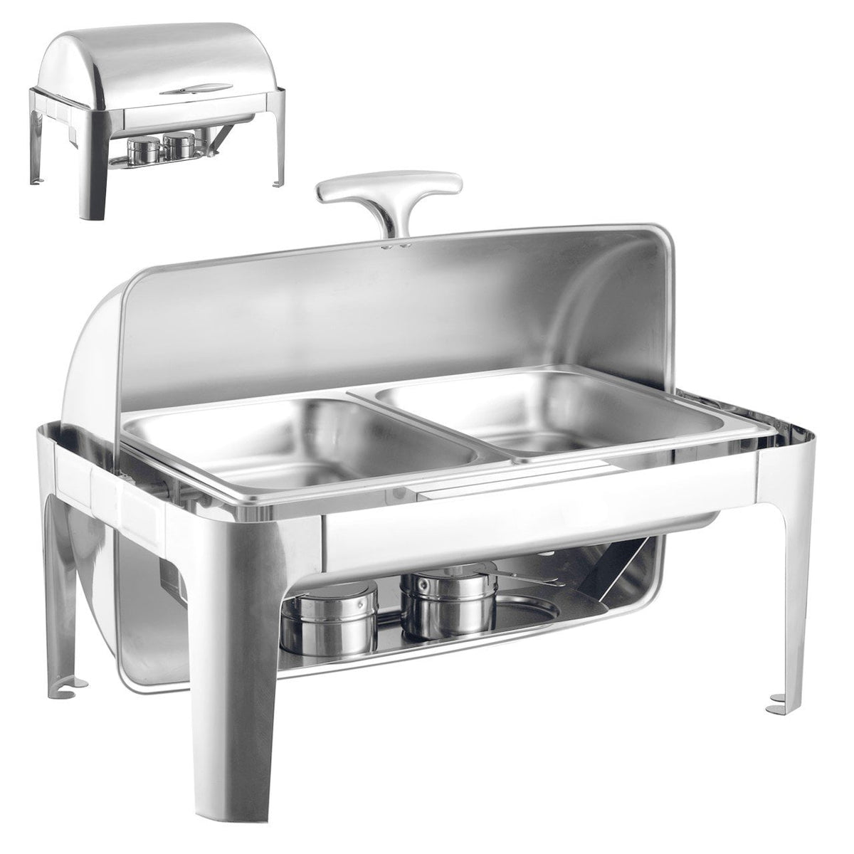 Sq Professional Banquet Chafing Dish With Roll Top Double Compartment Oblong Silver 2 x 4L