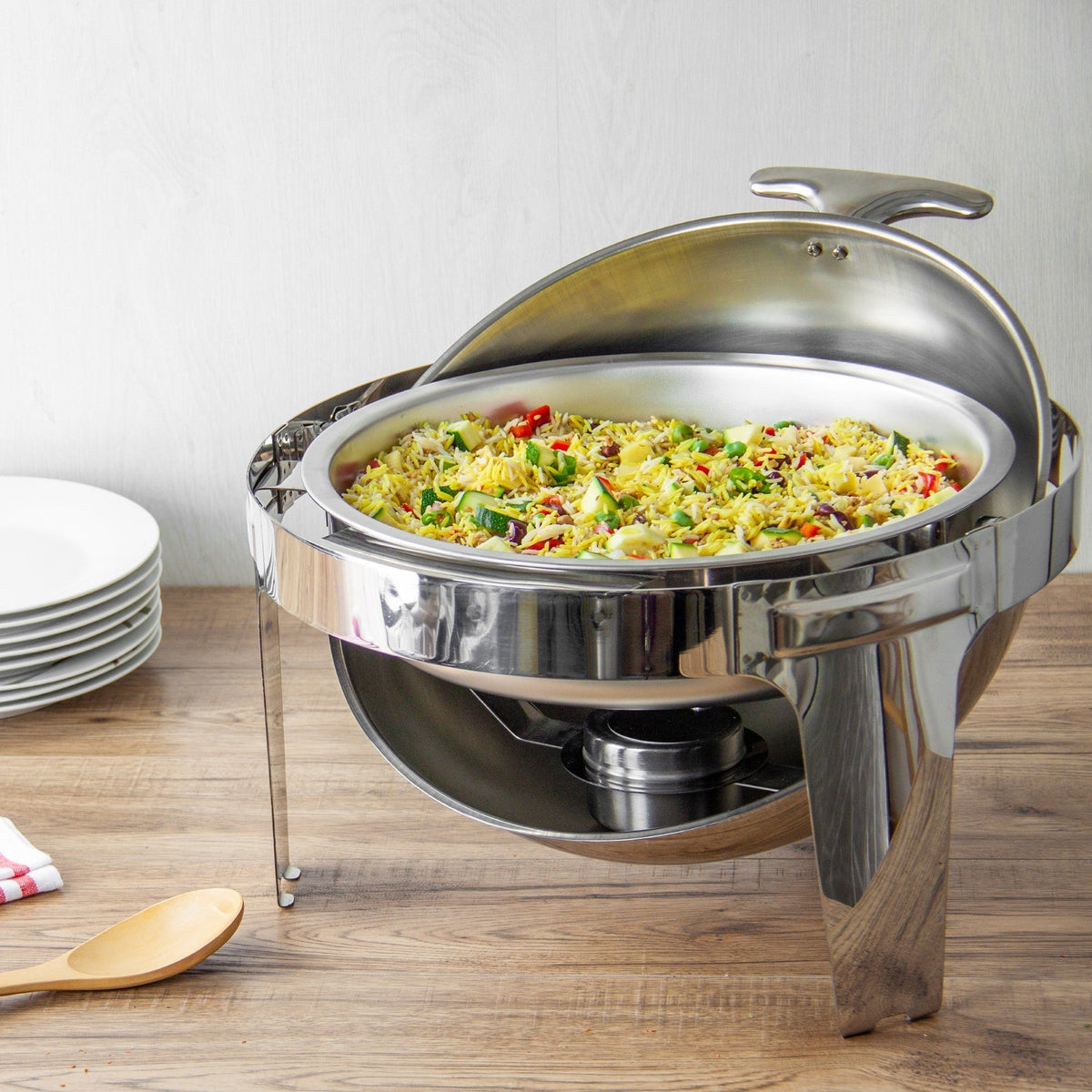 Sq Professional Banquet Chafing Dish With Roll Top Round Silver 6.5L