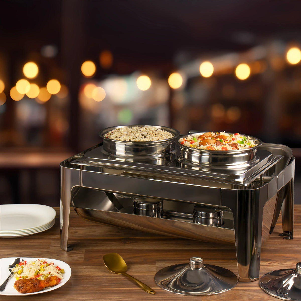 Sq Professional Banquet Chafing Dish With Roll Top And 2 Soup Stew Pots Oblong Silver.5L