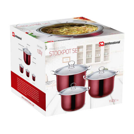 SQ Pro Stainless Steel Stockpot Set of 3 Gems Ruby 10 / 12.30 / 14.60 Litre 9576 / 2625