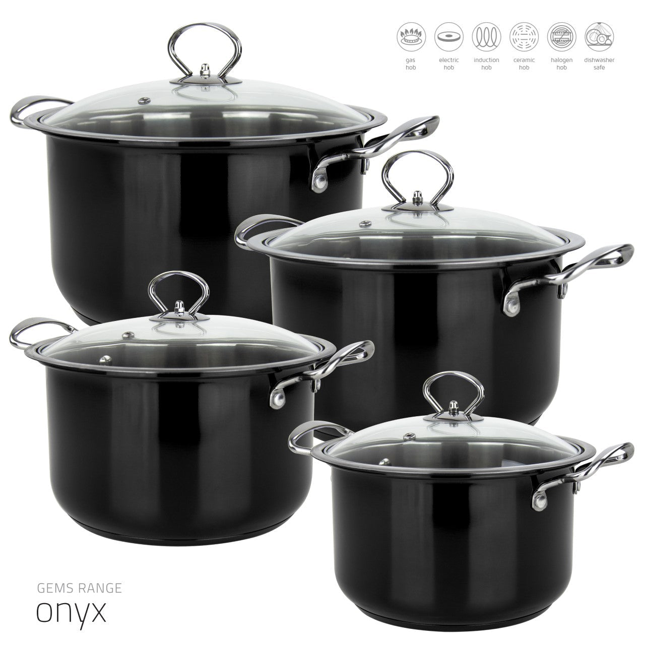 Gems Stainless Steel Stockpot Set 4Pc Onyx 3.7L- 4.7L-5.80L-7.5L Kitchen 9579