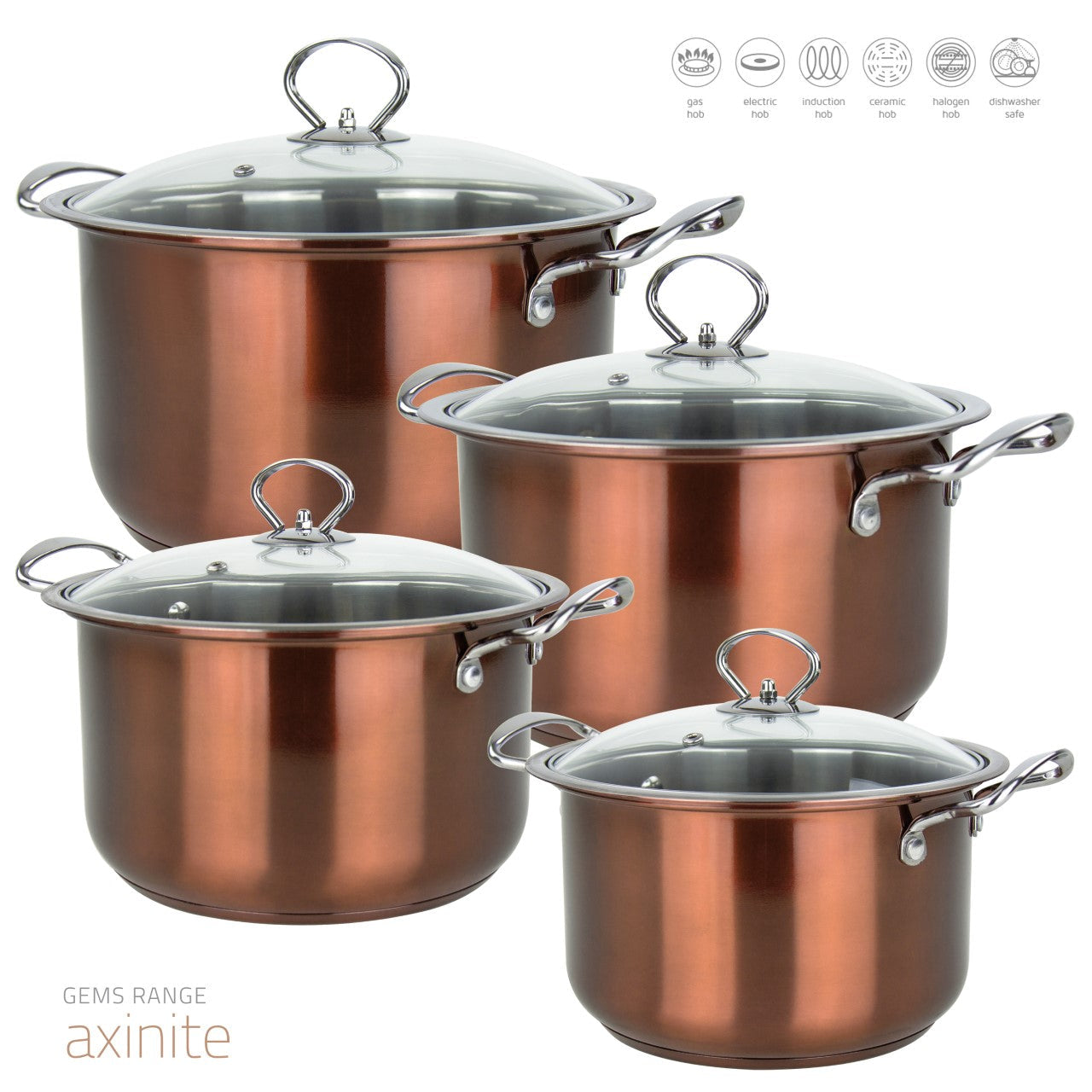 Gems Stainless Steel Stockpot Set 4Pc Axinite 3.7L- 4.7L - 5.80L - 7.5L 9583