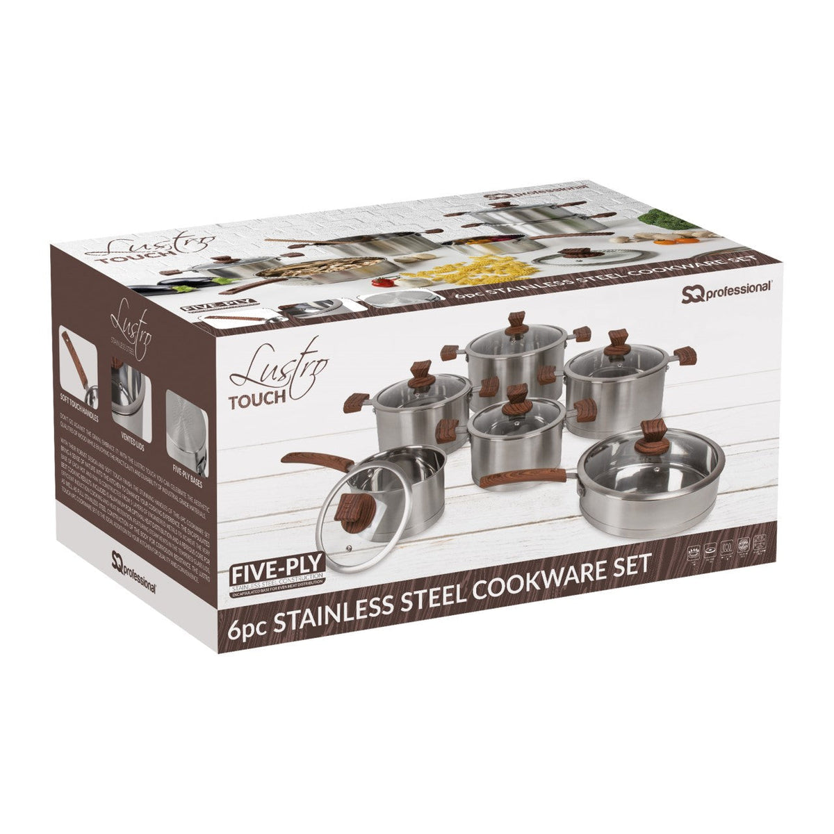 Sq Professional Lustro Touch Stainless Steel Cookware Set Of 6 Brown