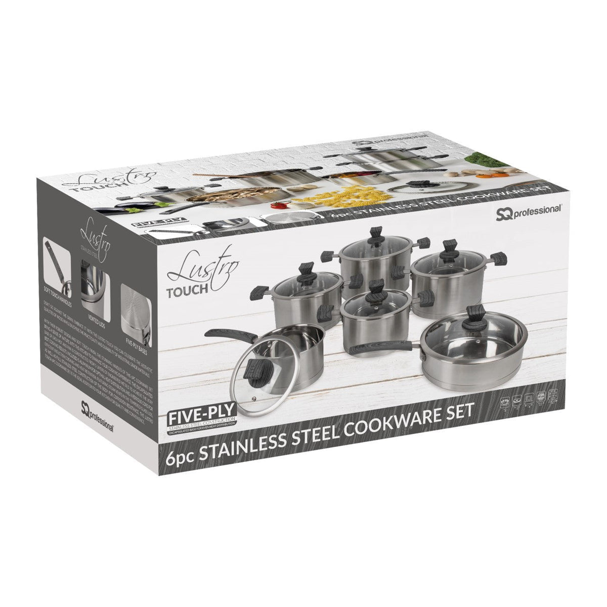 Sq Professional Lustro Touch Stainless Steel Cookware Set Of 6 Black